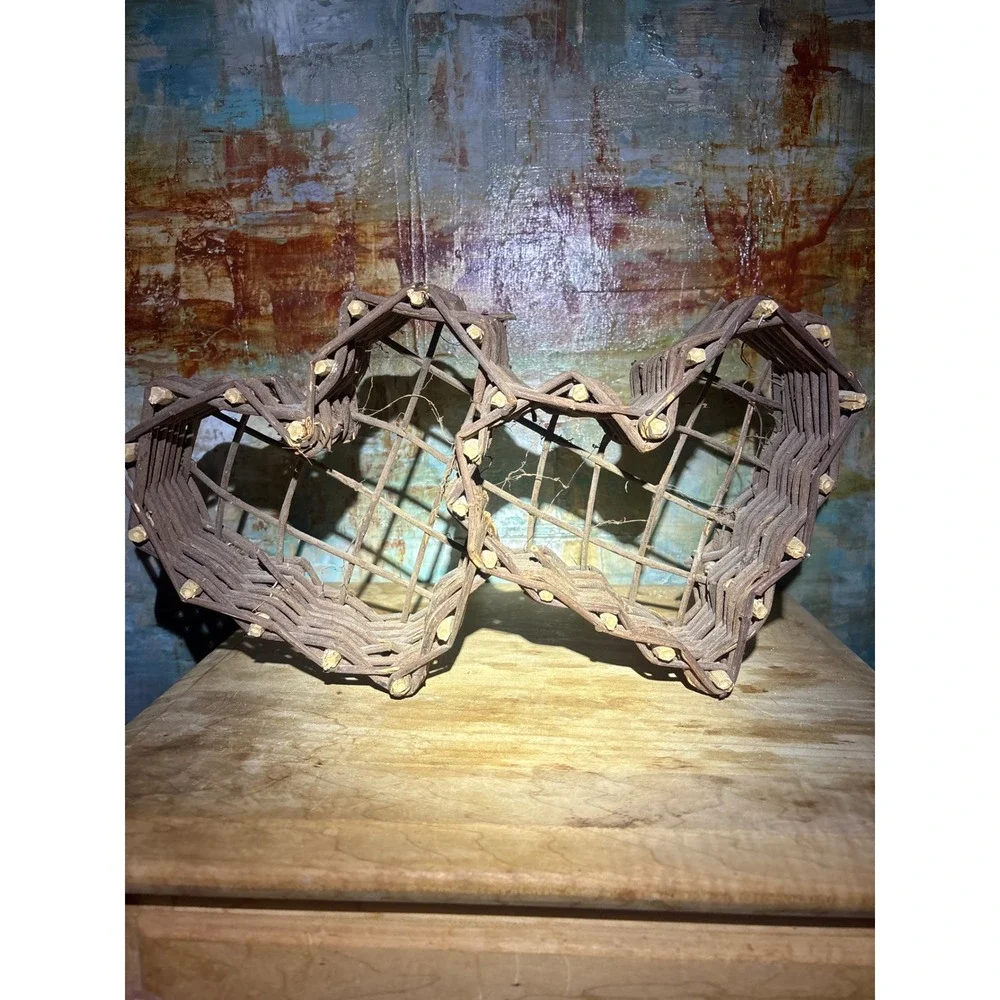 Rustic Double Heart Twig Basket Primitive Grapevine Woven Decor Brown 13.5in